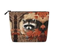 Trousse da donna con stampa di procione in autunno, con foro di albero, borsa per cosmetici portatile, borsa da toeletta, capiente organizer da viaggio per trucchi, Nero , Taglia unica