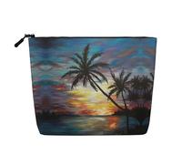 Trousse da donna con stampa tropicale al tramonto, borsa per cosmetici portatile, borsa da toilette, organizer da viaggio capiente, Nero , Taglia unica