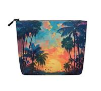 Trousse da donna con stampa tropicale al tramonto, in finto lino, grande capacità, perfetta per viaggi e uso quotidiano, Nero , Taglia unica