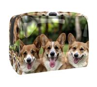 Trousse da donna, con tre corgis sul prato, per articoli da toeletta da viaggio, grande, in PVC, pratico organizer con cerniera, Multi, 18.5x7.5x13cm/7.3x3x5.1in, Beauty case