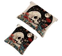 Trousse da donna tascabile, in pelle impermeabile, senza cerniera, con chiusura automatica, per ragazze, mini borsa per borsa, motivo scheletro, fungo, piante, fiori, luna e stelle, Multi, 7.1x5.8