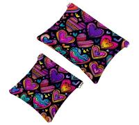 Trousse da donna tascabile, in pelle impermeabile, senza cerniera, con chiusura automatica, per ragazze, mini borsa per borsa, cuori colorati in stile scarabocchio, Multi, 7.1x5.8 inch/4.7x4.5 inch