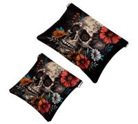 Trousse da donna tascabile, in pelle, impermeabile, senza cerniera, con chiusura automatica, per ragazze, mini borsa per borsa, teschio e fiori, giorno dei morti su sfondo nero, Multi, 7.1x5.8