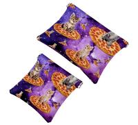 Trousse da donna tascabile, in pelle, impermeabile, senza cerniera, con chiusura automatica, per ragazze, mini borsa per borsa, motivo: gatto stella, cielo e pizza