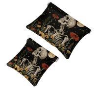 Trousse da donna tascabile, in pelle, impermeabile, senza cerniera, con chiusura automatica, per ragazze, mini borsa per borsa, scheletro con funghi, piante, fiori, luna e stelle, Multi, 7.1x5.8