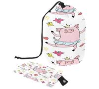 Trousse da toilette con coulisse, motivo: principessa, maialino, balletto, corona, maialino magico, a forma di barile, beauty case, organizer da viaggio + piccola borsa, Multi,