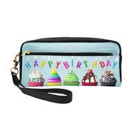Trousse da viaggio colorata con scritta "Happy Birthday", con due tasche, per accessori essenziali di bellezza quotidiana, Nero , Taglia unica, Astuccio per trucchi