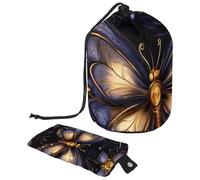 Trousse da viaggio con coulisse, borsa per il trucco a botte, con fiore e farfalla, organizer per articoli da toeletta grandi, impermeabile, Fiore Farfalla, 9.9x6.9in/25.2x17.6cm;6x3.5in/15.2x8.8cm,
