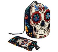 Trousse da viaggio con coulisse, borsa per il trucco, borsa per il trucco a forma di teschio di zucchero del giorno dei morti, grande, organizer per articoli da toel, Giorno dei morti Sugar Skull