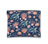 Trousse da viaggio con creature dell'oceano tropicale, blu navy, corallo e tartaruga, borsa da viaggio per donne, organizer portatile in tela con cerniera, Blu navy, 7x9 Inch, Creature oceaniche
