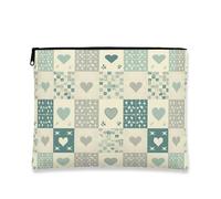 Trousse da viaggio con cuori patchwork, borsa da viaggio per cosmetici vintage blu da donna, organizer portatile in tela con cerniera, borsa da toeletta quotidiana, Blu, 7x9 Inch, Cuori