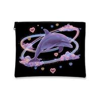 Trousse da viaggio con delfino, viola cosmico animale, borsa da viaggio per donne, piccola borsa portatile in tela con cerniera, regalo per gli amanti della spiaggia, custodia da toeletta estiva per