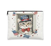 Trousse da viaggio con gatto patriottico, vintage a tema USA, borsa da viaggio per donne, organizer portatile in tela con cerniera, borsa da toilette per le vacanze del 4 luglio, 17,8 x 22,9 cm