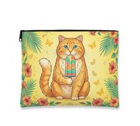 Trousse da viaggio con gatto tropicale, grazioso astuccio da viaggio con gattino arancione, organizer portatile in tela con cerniera, borsa da toilette estiva per la cura della pelle, Giallo, 7x9 Inch