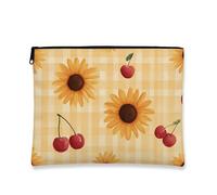 Trousse da viaggio con motivo floreale a quadretti, girasole e ciliegie, borsa da viaggio per donne, piccola borsa portatile in tela con cerniera, borsa regalo estiva per articoli da toeletta, Giallo