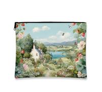 Trousse da viaggio con motivo floreale in campagna, da donna, in tela, con cerniera, ideale per festival di primavera, per la cura della pelle, Azzurro chiaro, 7x9 Inch, Fiori