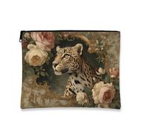 Trousse da viaggio con motivo leopardato floreale, vintage, barocco, per cosmetici, da donna, organizer portatile con cerniera, scelta perfetta per feste di primavera, Floreale, 7x9 Inch, Leopardo