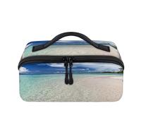 Trousse da viaggio con palme tropicali su un'isola da spiaggia, portatile, impermeabile, borsa da toeletta aperta e piatta, per articoli da toeletta cosmetici, organizer da viaggio per donne e uomini