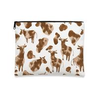 Trousse da viaggio con stampa di mucca marrone, borsa da viaggio rustica da donna, piccola borsa portatile in tela con cerniera, scelta perfetta per vacanze e festival, Marrone, 7x9 Inch, Stampa mucca