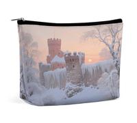 Trousse da viaggio impermeabile, organizer per cosmetici, in pelle PU, con castello di neve, piccola custodia per articoli da toeletta carina, custodia portatile con cerniera per donne e uomini