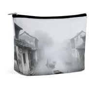 Trousse da viaggio impermeabile, organizer per cosmetici, in pelle PU, con la città antica nella nebbia mattutina, piccola custodia da toilette carina, custodia portatile con cerniera per donne e