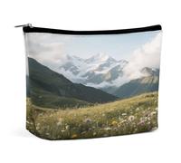 Trousse da viaggio impermeabile per trucchi, in pelle PU, con prati alpini, con cime innevate, piccola custodia da toilette carina, custodia portatile con cerniera per donne e uomini, accessori da