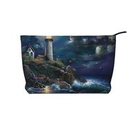 Trousse da viaggio in velluto a coste con stampa a forma di orso polare, borsa per cosmetici, trousse da toilette, organizer per donne, mamme e ragazze, Faro al chiaro di luna, Taglia unica, Beauty