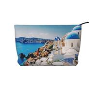 Trousse da viaggio in velluto a coste con stampa teschio e fiore, trousse per cosmetici, trousse da toilette, organizer per donne, mamme e ragazze, Santorini Isola Greca Vista Mare, Taglia unica