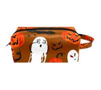 Trousse da viaggio per cosmetici da donna, in pelle di microfibra, pratica borsa organizer con cerniera, zucche di Halloween, fantasmi e pipistrelli, Multi, 8.2x3.1x3.5 in/21x8x9 cm, Beauty case
