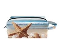 Trousse da viaggio per cosmetici da donna, in pelle di microfibra, pratica borsa organizer con cerniera, conchiglie di stelle marine sulla sabbia della spiaggia, Multi, 8.2x3.1x3.5 in/21x8x9 cm,