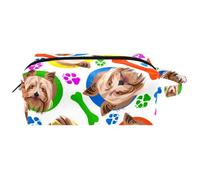 Trousse da viaggio per cosmetici da donna, in pelle di microfibra, pratica borsa organizer con cerniera, con cani e ossa colorate Yorkshire Terrier, Multi, 8.2x3.1x3.5 in/21x8x9 cm, Beauty case