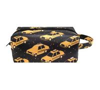 Trousse da viaggio per cosmetici, da donna, in pelle di microfibra, pratica borsa organizer con cerniera, taxi auto su sfondo nero, Multi, 8.2x3.1x3.5 in/21x8x9 cm, Beauty case