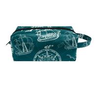 Trousse da viaggio per cosmetici da donna, in pelle di microfibra, pratica borsa organizer con cerniera, bussola nautica a vela e gabbiani, Multi, 8.2x3.1x3.5 in/21x8x9 cm, Beauty case