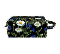 Trousse da viaggio per cosmetici da donna, in pelle di microfibra, pratica borsa organizer con cerniera, camomilla e fiordalisi blu, Multi, 8.2x3.1x3.5 in/21x8x9 cm, Beauty case