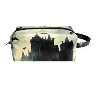Trousse da viaggio per cosmetici da donna, in pelle di microfibra, pratica borsa organizer con cerniera, corvi di Halloween sopra il vecchio castello, Multi, 8.2x3.1x3.5 in/21x8x9 cm, Beauty case
