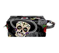 Trousse da viaggio per cosmetici da donna, in pelle di microfibra, pratica borsa organizer con cerniera, Dia de Los Muertos Day of The Dead Sugar Skulls, Multi, 8.2x3.1x3.5 in/21x8x9 cm, Beauty case