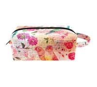 Trousse da viaggio per cosmetici da donna, in pelle di microfibra, pratica borsa organizer con cerniera, acquerello uccello, farfalla, fiore su vecchi testi, Multi, 8.2x3.1x3.5 in/21x8x9 cm, Beauty