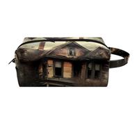 Trousse da viaggio per cosmetici da donna, in pelle di microfibra, pratica borsa organizer con cerniera, corvo che sorvola una cabina abbandonata, Multi, 8.2x3.1x3.5 in/21x8x9 cm, Beauty case