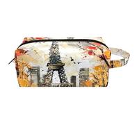 Trousse da viaggio per cosmetici da donna, in pelle di microfibra, pratica borsa organizer con cerniera, pittura a olio Torre di Parigi acero, Multi, 8.2x3.1x3.5 in/21x8x9 cm, Beauty case