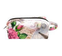 Trousse da viaggio per cosmetici da donna, in pelle di microfibra, pratica tasca organizer con cerniera, torre Eiffer, francobolli con rosa, lettere scritte, Multi, 8.2x3.1x3.5 in/21x8x9 cm, Beauty