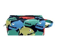 Trousse da viaggio per cosmetici da donna, in pelle di microfibra, pratico astuccio organizer con cerniera, motivo: pesce Piranha colorato, Multi, 8.2x3.1x3.5 in/21x8x9 cm, Beauty case