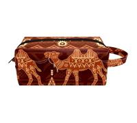 Trousse da viaggio per cosmetici da donna, in pelle di microfibra, pratico astuccio organizer con cerniera, cammelli egiziani e ornamento etnico, Multi, 8.2x3.1x3.5 in/21x8x9 cm, Beauty case