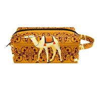 Trousse da viaggio per cosmetici da donna, in pelle di microfibra, pratico astuccio organizer con cerniera, cammelli e decorazione etnica orientale, Multi, 8.2x3.1x3.5 in/21x8x9 cm, Beauty case