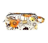 Trousse da viaggio per cosmetici da donna, in pelle di microfibra, pratico astuccio organizer con cerniera, teschio di Halloween, osso, zucca, ragno, Multi, 8.2x3.1x3.5 in/21x8x9 cm, Beauty case