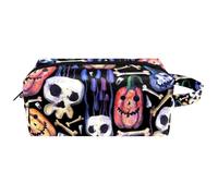 Trousse da viaggio per cosmetici da donna, in pelle di microfibra, pratico astuccio organizer con cerniera, divertente zucca di Halloween con teschio e osso, Multi, 8.2x3.1x3.5 in/21x8x9 cm, Beauty