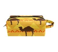 Trousse da viaggio per cosmetici da donna, in pelle di microfibra, pratico astuccio organizer con cerniera, motivo cammelli egiziani e triangolo, Multi, 8.2x3.1x3.5 in/21x8x9 cm, Beauty case