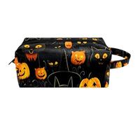 Trousse da viaggio per cosmetici da donna, in pelle di microfibra, pratico astuccio organizer con cerniera, motivo zucca di gatto nero per Halloween, Multi, 8.2x3.1x3.5 in/21x8x9 cm, Beauty case