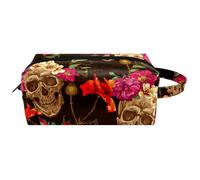 Trousse da viaggio per cosmetici da donna, in pelle e microfibra, pratica borsa organizer con cerniera, teschi morti con fiori, Multi, 8.2x3.1x3.5 in/21x8x9 cm, Beauty case