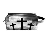 Trousse da viaggio per cosmetici da donna, in pelle e microfibra, pratica borsa organizer con cerniera, tre croci su Spooky Hill, Multi, 8.2x3.1x3.5 in/21x8x9 cm, Beauty case