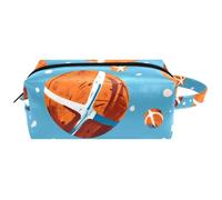 Trousse da viaggio per cosmetici da donna, in pelle e microfibra, pratica borsa organizer con cerniera, motivo basket su sfondo blu, Multi, 8.2x3.1x3.5 in/21x8x9 cm, Beauty case